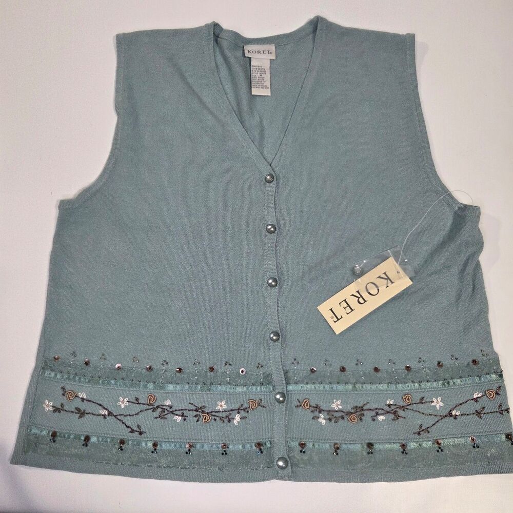 Vintage Koret Blue Floral Embroidered Button Up Sweater Vest Size M NEW